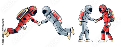 Two astronauts shaking hands in space suits symbolizing cooperation, partnership, agreement, and teamwork in space exploration. Vector illustration.