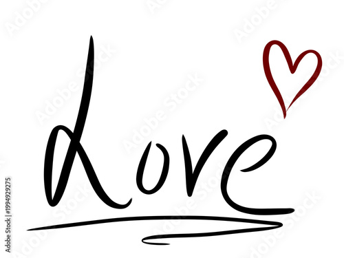 Love handwritten script with heart line art, romantic minimalist typography illustration, isolated on transparent background PNG with copy space