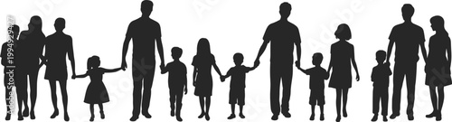 Family silhouettes set showing parents and children holding hands, diverse family bonding, unity and togetherness concept, parent child relationships isolated on white background illustration