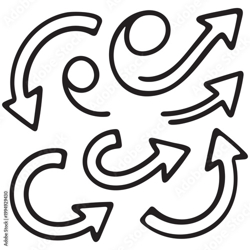 A collection of black and white circular and directional arrows in a dynamic arrangement