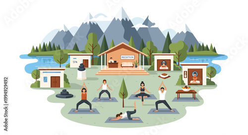yoga retreat mountain resort people exercising outdoors