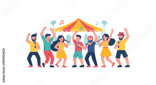 People dancing in front of a colorful carnival tent illustration