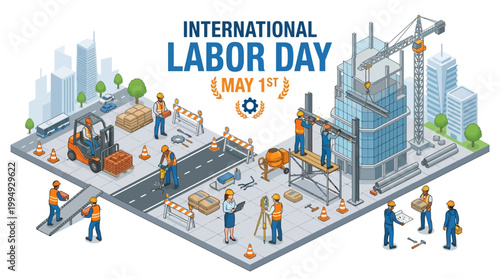International Labor Day May 1st vector banner illustration of construction site