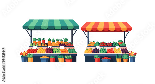 Vibrant street food market stalls with colorful produce on display