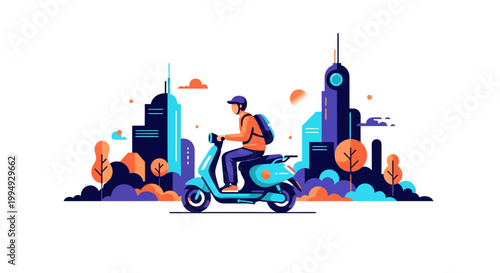 Delivery rider on scooter in cityscape with modern buildings