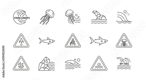 Warning signs for ocean and sea creatures.