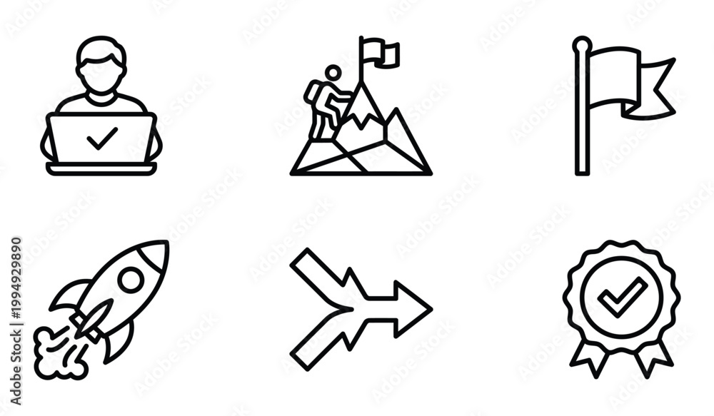 Fototapeta premium Startup growth and achievement icons with achievement business mountain climbing innovation direction development strategy