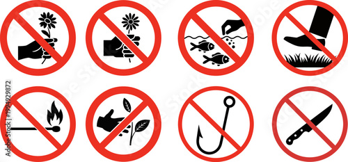 Prohibition Safety Sign Vector Set for Nature and Park Regulations