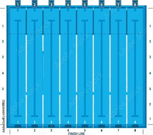 A top-down flat vector illustration of a blue swimming pool with eight numbered lanes. The design includes lane markers, starting blocks, and a designated finish line for competitive racing.