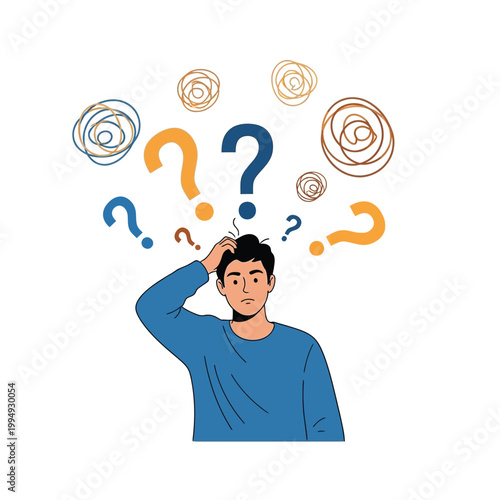 Confused man with question marks and tangled thoughts above head vector cartoon.