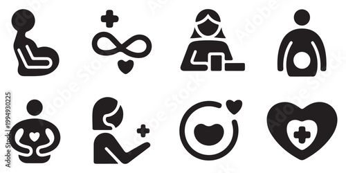 Pregnancy and Maternal Healthcare Icon Set with Heart and Medical Symbols