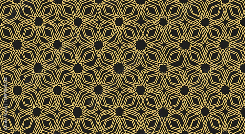 Islamic geometric pattern vector background with gold and black floral shapes isolated on transparent background