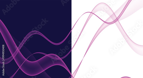 Abstract minimal fluid wave background. Split dark blue and white backdrop, glowing purple linear ribbons, smooth curved smoke lines. For elegant web banner. Vector graphic art.