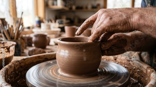 Artisan hands shaping wet clay vessel on spinning potter's wheel in studio