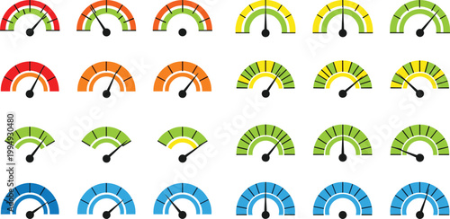 Collection of colorful gauges and meters indicating levels from red to green for measurement concepts.