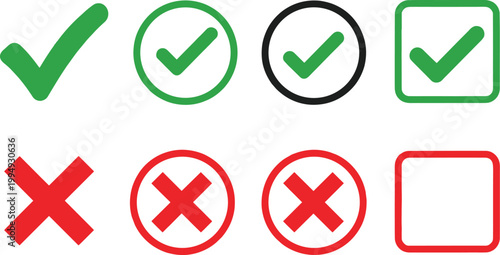 Collection of green check marks and red cross marks in various shapes and colors for confirmation and rejection approval.