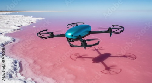 Turquoise quadcopter hovering over bright pink salt lake casting shadow on water surface