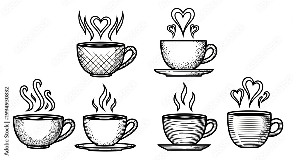 Fototapeta premium Collection of seven vintage style engraved coffee or tea cups with steam hearts and swirls on white background