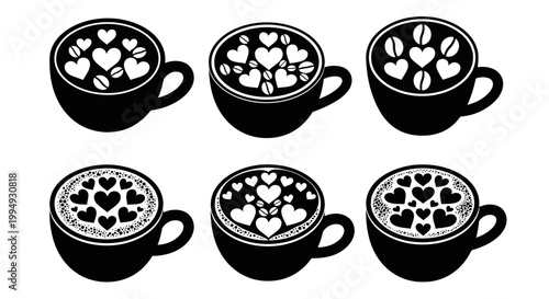 Set of coffee cups with romantic heart and bean foam art for valentines day celebration and wedding breakfast catering concept illustrations on white background