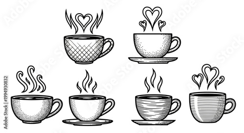 Collection of seven vintage style engraved coffee or tea cups with steam hearts and swirls on white background