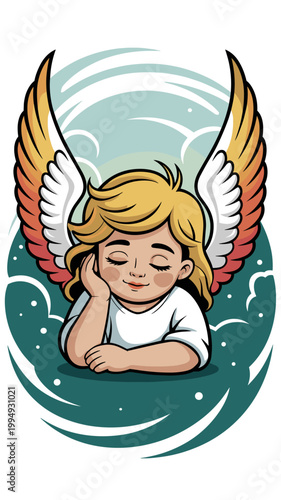 Vintage angel illustration in ornate oval frame. Romantic decorative cherub artwork with soft pastel tones. A nostalgic winged child rests inside an elegant oval border with subtle antique styling. 
