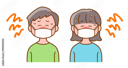 風邪・発熱でマスク姿の子どものイラスト｜体調不良・健康