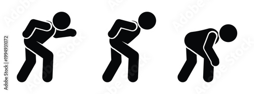 Vector set of stick figures bent over holding their backs in pain. Simple black silhouettes on transparent background. Perfect for backache, spine pain, injury, medical conditions, physical therapy.