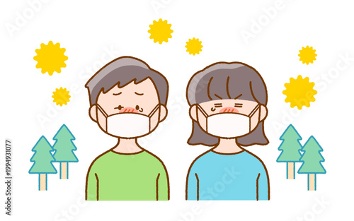 花粉症でマスク姿の子どものイラスト｜スギ花粉・ぐずぐず