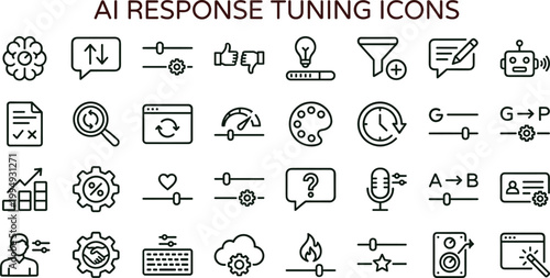 AI response tuning outline icon set featuring prompt adjustment workflow optimization feedback controls vector collection for dashboards interfaces presentations