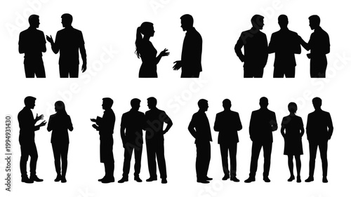 People silhouettes vector illustration showing conversation groups, networking, discussion scenes, and social interaction figures