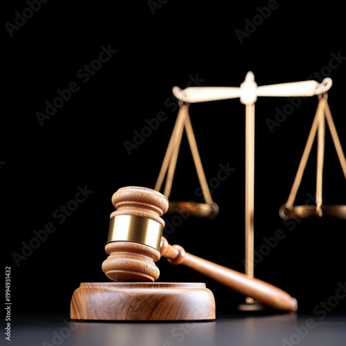 Judicial wooden gavel lying beside brass scales, representing legal authority, justice system processes, and courtroom decision making environment