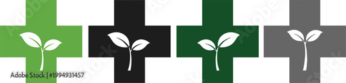Green cross with plant sprout symbol representing growth nature healthcare and environmentalism.