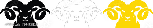 Ram Head Mascot Vector Set, Aries Horns Silhouette, Line Art, and Yellow Goat Icon Design