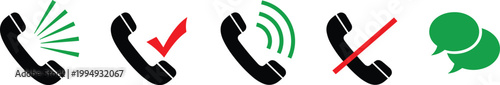 Phone call icons set with incoming call notification rejected call and message symbol.