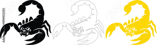 Aggressive Scorpion Vector Logo Set, Black Outline and Yellow Silhouette Graphic Icons