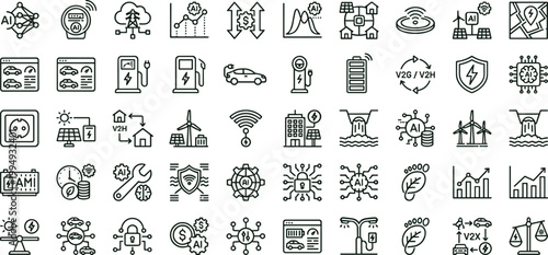 AI smart energy infrastructure outline icon set featuring renewable grid electric vehicles analytics monitoring vector collection for dashboards interfaces presentations