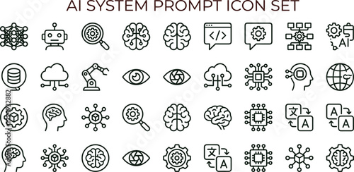 AI system prompt outline icon set featuring prompt engineering chatbot workflow neural network automation vector collection for dashboards interfaces presentations