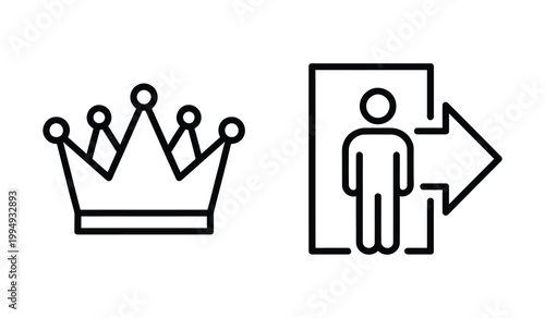 Royal crown and human exit sign icons representing authority and individual career change with leadership authority business