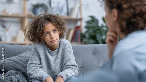 Child talks with adult in living room during afternoon conversation about feelings and emotions