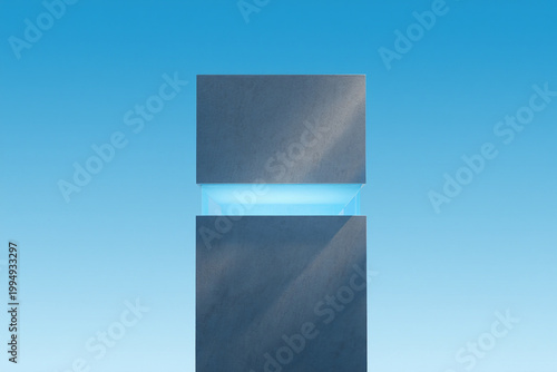 Abstract glowing cube sculpture with futuristic blue light