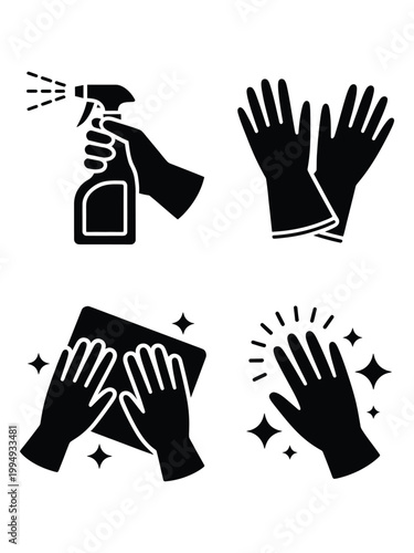 Set of four cleaning icons spray bottle gloves wiping surface sparkling clean hands with sparkles and cleaning supplies for hygiene.