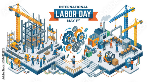 International Labor Day May Vector Illustration with Industrial Workers on Construction Site Banner