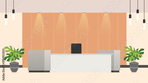 Modern Office Reception Desk Interior  Minimal Corporate Lobby with Plants and Pendant Lights Flat Design Illustration