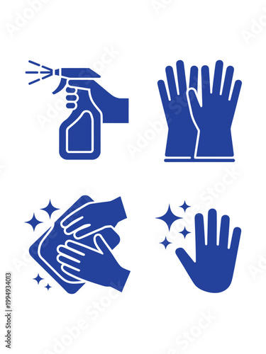 Set of four cleaning icons spray bottle gloves wiping surface sparkling clean hands with sparkles and cleaning supplies for hygiene.