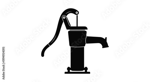 A stark black and white illustration depicts a vintage hand water pump showcasing its classic design and functionality