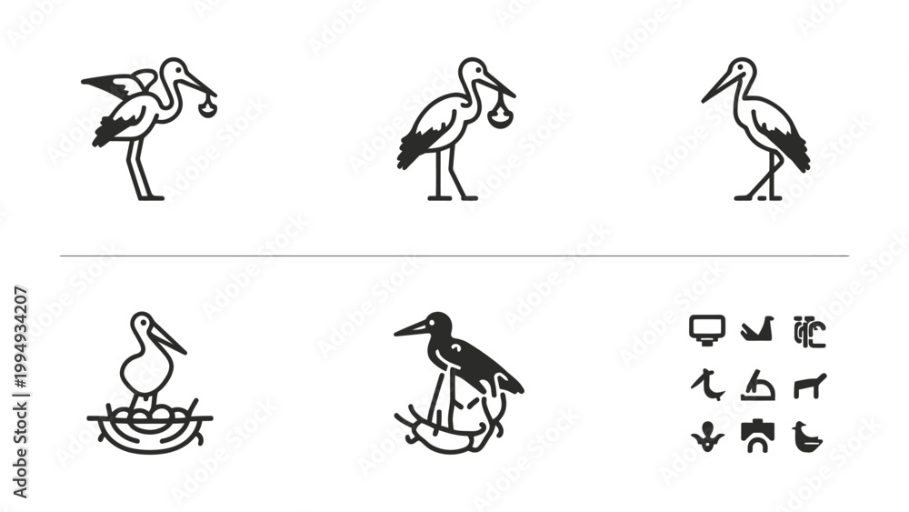 Fototapeta premium Symbolic Stork Illustrations: A collection of symbolic stork illustrations in various poses.