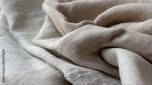 A close-up view of soft, intertwined fabrics in light neutral colors, showcasing intricate textures and folds that add depth and elegance to the materials.