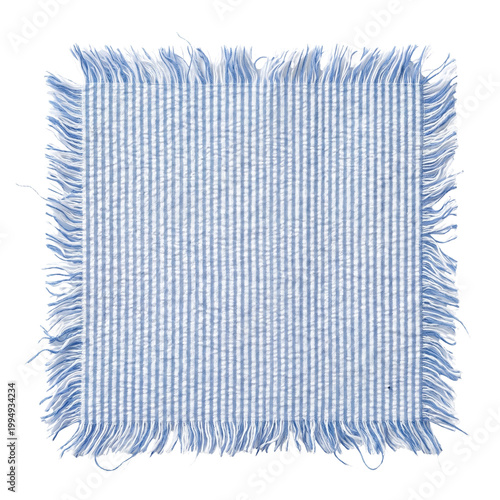 Square swatch of blue and white striped seersucker fabric