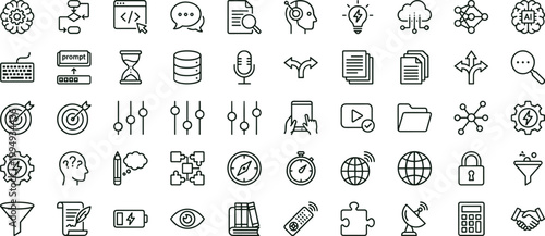 Artificial intelligence workflow productivity outline icon set featuring automation analytics communication interface elements vector collection for dashboards presentations applications platforms