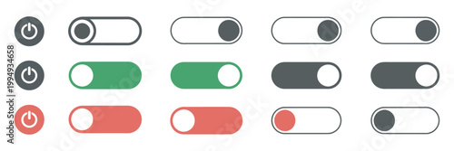 On and off toggle switch buttons vector illustration featuring modern material design UI elements in clean minimal style for apps, websites, and digital interfaces
